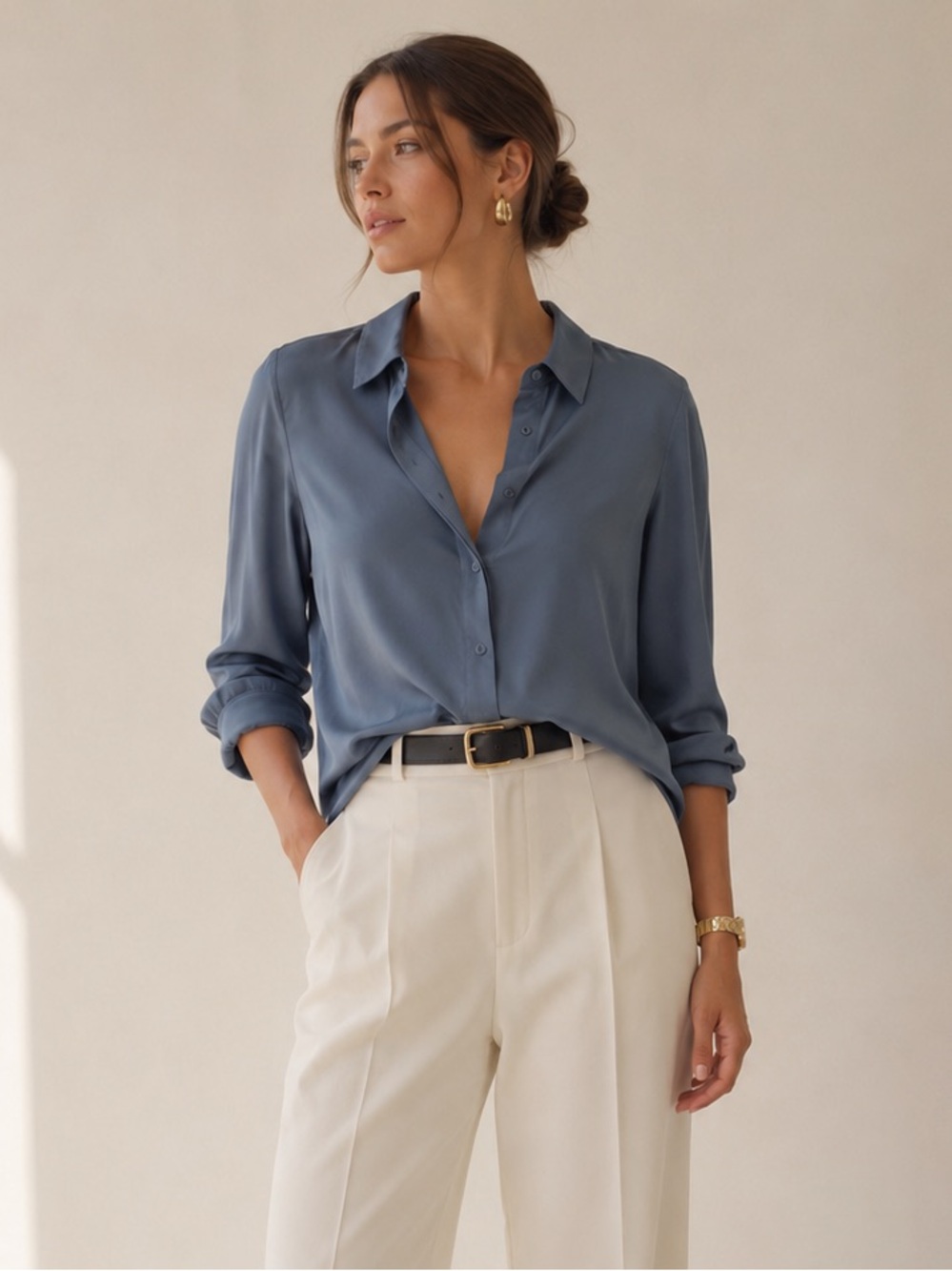 Silk Button-Up Blouse Slate Blue